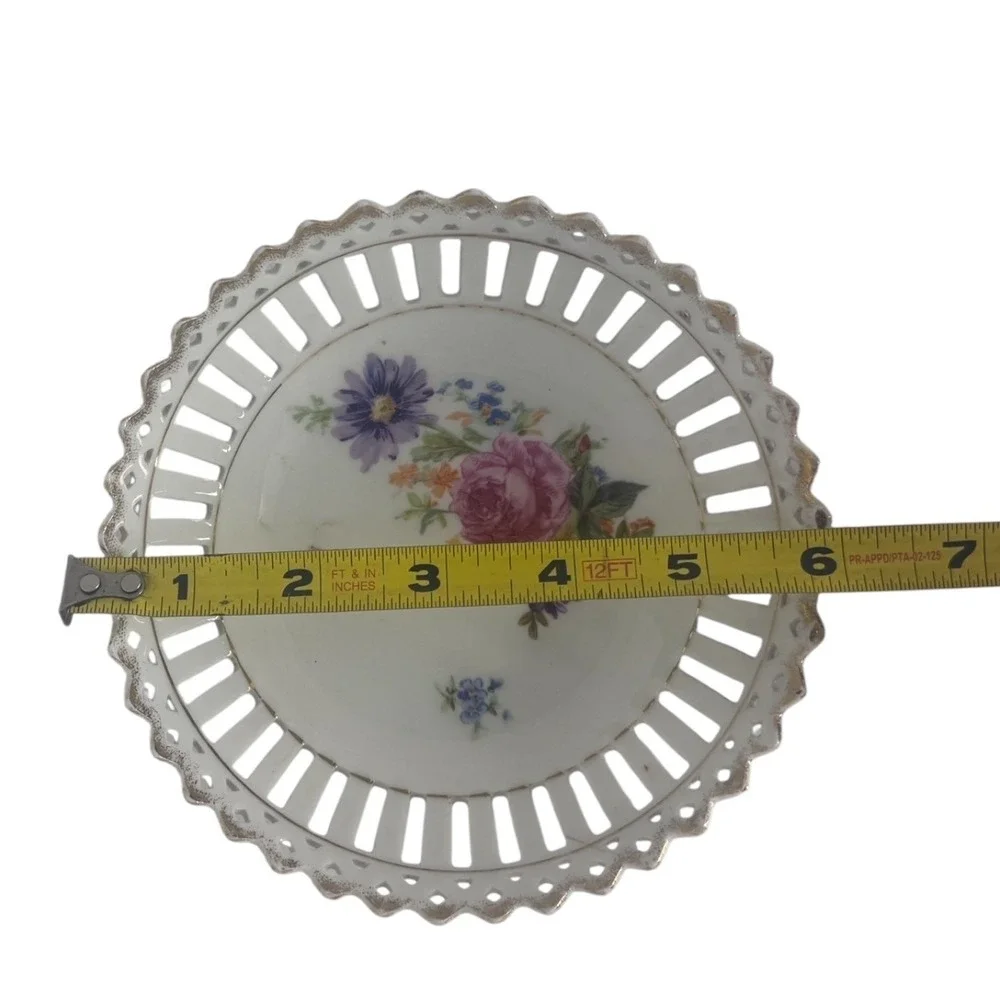 Vintage Schumann Reticulated Porcelain Floral Bowl Pierced Rim 6.25 inch